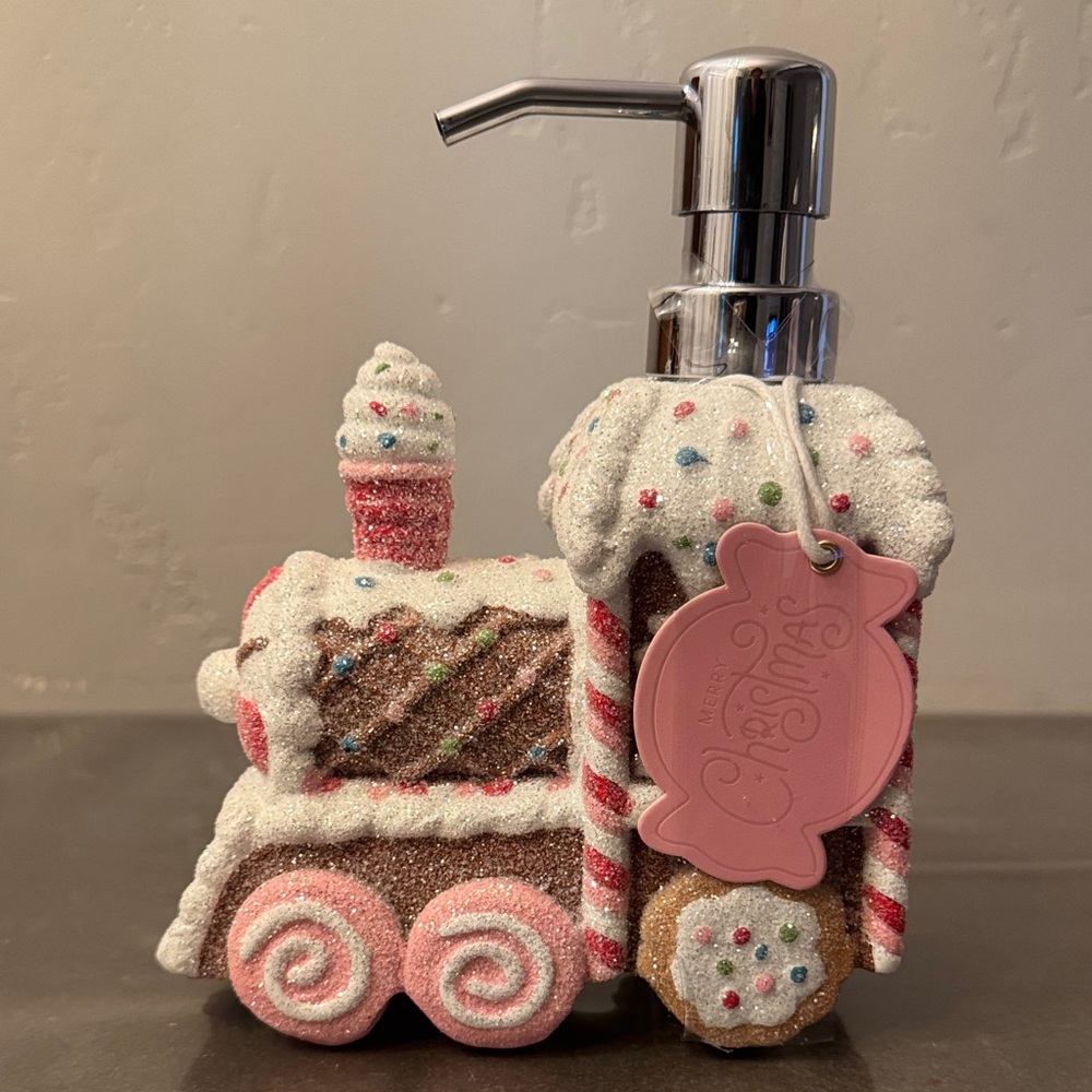 Christmas Gingerbread With Glittery Soap Dispenser With Pink Accents.